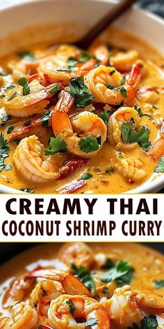 creamy thai coconut shrimp curry in a white bowl