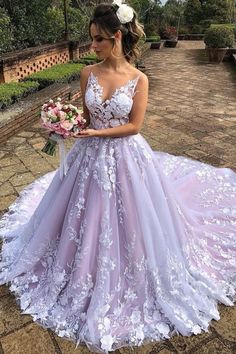 V-neckline Lace Floral Wedding Gown with Contrast Color Skirt sold by NarsBridal on Storenvy Prom Dresses Long White, Lace Long Prom Dress, Wedding Dress Necklace, Floral Wedding Gown, Colored Wedding Dress, Purple Wedding Dress, Long Train Wedding Dress, Lace Ball Gowns, Lace Wedding Dress Vintage