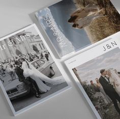 three wedding cards with photos of people and animals on them, one for the bride and groom