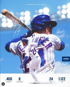 a baseball player holding a bat on top of a blue and white field with lights in the background