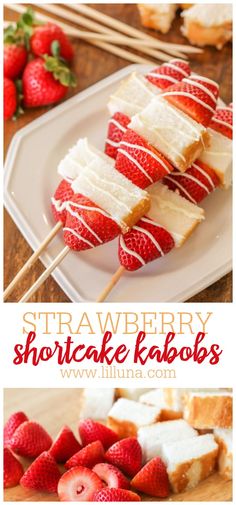 strawberry shortcake kabobs on a plate with strawberries