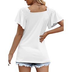 White Pleated Short Sleeve Casual T-shirt White Stretch Casual Tops, Pleated Shorts, Casual T Shirt, T Shirt Women, Women Tops, Casual T Shirts, T Shirt, White