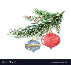 watercolor christmas ornaments hanging from a tree branch