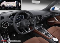 the interior of an audi car with brown leather seats and dashboard controls, including steering wheel