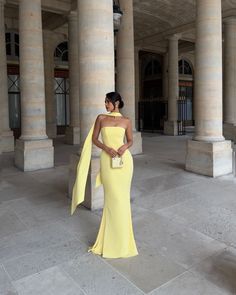 Futuristic Glam Outfit, Royal Vibes, Yellow Formal Dress, Bridesmaid Stuff, Prom Inspo, Junior Prom, Bridal Shower Outfit, Engagement Dress, Formal Evening Dress