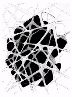 black and white drawing of an abstract structure with many intersecting lines in the shape of cubes