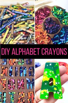 the alphabet is made out of crayons and then painted to look like letters