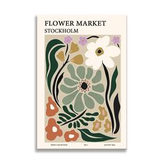 the columbia road flower market poster is shown in white and green, with flowers on it