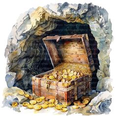 an open trunk filled with gold coins sitting on top of a pile of rocks next to a cave