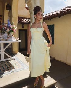 Size Bust waist lengths 84cm 68cm 117cmm 88cm 72cm 118cml 92cm 76cm 119cm Bustier Sundress, Yellow Corset, French Romance, Fashion French, Corset Midi Dress, Strappy Maxi Dress, Yellow Midi Dress, Satin Maxi Dress, Feminine Outfit