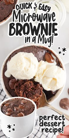 an advertisement for brownie in a mug with ice cream and chocolate pudding on top