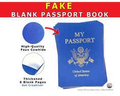 the fake blank passport book is blue and has an arrow pointing to it's front