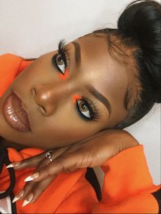 Black Women Orange Makeup, Simple Orange Makeup Looks Black Women, Orange And Blue Makeup Looks Black Women, Orange Black Eye Makeup, Colorful Makeup Looks Black Women, Orange Rhinestone Makeup, Orange Inner Corner Makeup, Orange Dress Outfit Black Women, Brown And Orange Makeup Looks