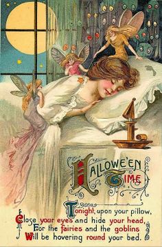 an old fashioned halloween card with fairy on the bed