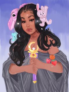 a drawing of a woman with long black hair holding an object in her hands and two stuffed animals on top of her head