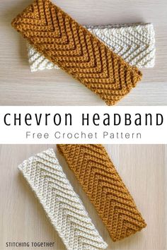 two crocheted headbands with the text, chevron headband free crochet pattern