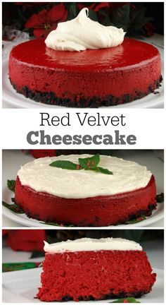 red velvet cheesecake with whipped cream on top, and the same cake as it looks