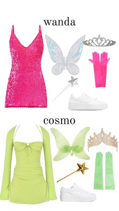 some clothes and accessories are arranged in the same color scheme, including shoes, headbands, gloves, tiara