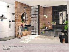 an image of a bathroom with wood paneling on the walls and tile in the floor