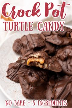 chocolate turtle candy on a white plate with the title text crock pot turtle candy no bake and 5 ingredients