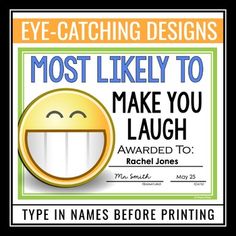 a poster that says, most likely to make you laugh awarded to rachel jones type in names before printing