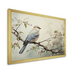 a bird sitting on top of a tree branch with white flowers in the foreground