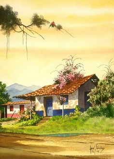 a painting of a house with flowers on it's roof and trees in the background