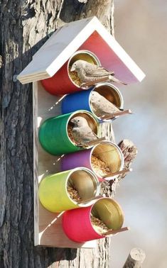 a bird house that is hanging on the side of a tree with birds in it