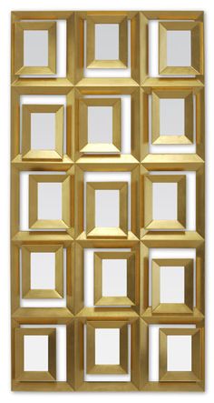 a gold wall with many squares and rectangles on the sides, all in different sizes