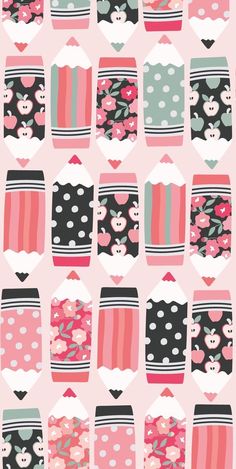 a pink and black wallpaper with many different designs on it's sides, including hearts