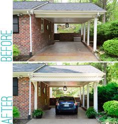 before and after photos of a covered driveway with car parked in the garage, on either side of the house