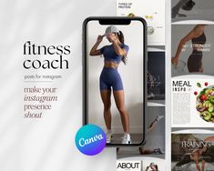 an advertisement for a fitness coach with pictures of the woman in her gym gear and text that reads, fitness coach make your instagramn presence strong