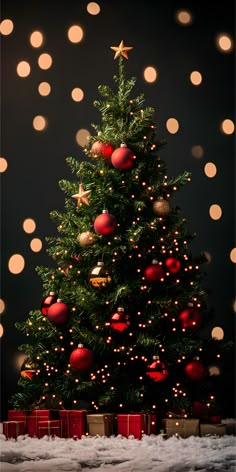 a christmas tree with red and gold ornaments in front of a dark background filled with lights