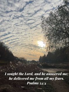 the sun shining through clouds over a dirt road with trees and rocks on either side