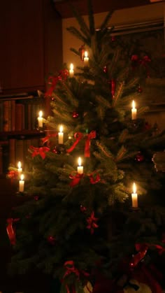 a lit christmas tree with candles in the background