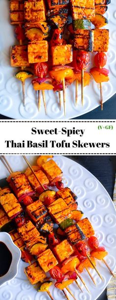 sweet spicy thai tofu skewers on a white plate