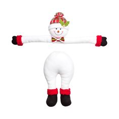 a white snowman with red and green scarf on it's head, arms and legs