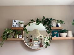 there is a mirror and some plants on the shelf