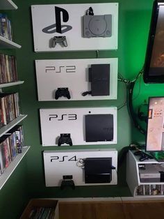 there are many video game controllers on the shelves