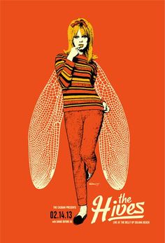 the hives concert poster with a woman in striped shirt and red pants, holding her hand