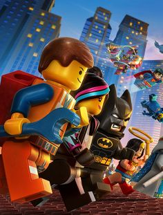 the lego movie poster with batman, catwoman and other characters in front of cityscape