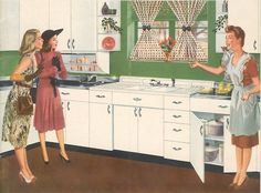 a woman in a red dress is talking to another woman in a green and white kitchen