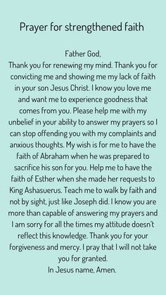 a prayer card with the words, prayer for strengthed faith