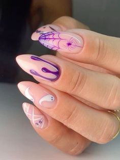 Halloween Nails Easy, Halloween Acrylic Nails, Cute Halloween Nails, Purple Nail, Her Nails, Thanksgiving Nails