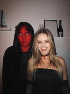 Boy and girl dressed up as devil and vampire for Halloween Halloween Costumes Brunette, Horror Halloween Costumes, Halloween Coustumes, Devil Halloween