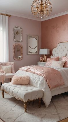 a bedroom decorated in pink and white with a bed, chair, ottoman and chandelier