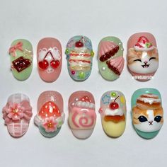 Lover Acrylic Nails, Cute Pastry, Pastel Cat, Cat Nail Art, Cat Nail, Kawaii Dessert, Acrylic Nail Set