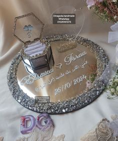 a wedding cake is displayed on a table