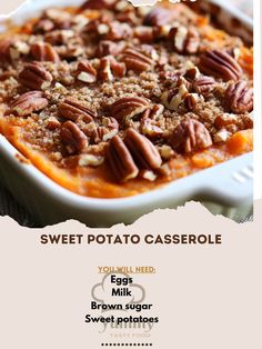 Experience the ultimate comfort food with our Sweet Potato Casserole—a cozy dish perfect for any gathering! 🥄❤️ #ComfortFood Sweet Potato Casserole Ingredients: Sweet potatoes (4 cups, mashed) Brown sugar (½ cup) Milk (½ cup) Eggs (2) Vanilla extract (1 tsp) Salt (½ tsp) Butter (¼ cup, melted) Mini marshmallows (2 cups) Pecans (½ cup, chopped) Instructions: Preheat oven to 350°F (175°C). In a large bowl, mix mashed sweet potatoes, brown sugar, milk, eggs, vanilla, salt, and melted butter.... Boiling Sweet Potatoes, Crunchy Pecans, Mashed Sweet Potatoes, Sweet Potato Casserole, Potato Casserole, Ultimate Comfort Food, Ground Cinnamon, Daily Meals