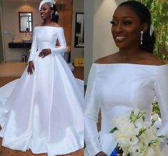 a woman wearing a white wedding gown with long sleeves and a flower bouquet in her hand